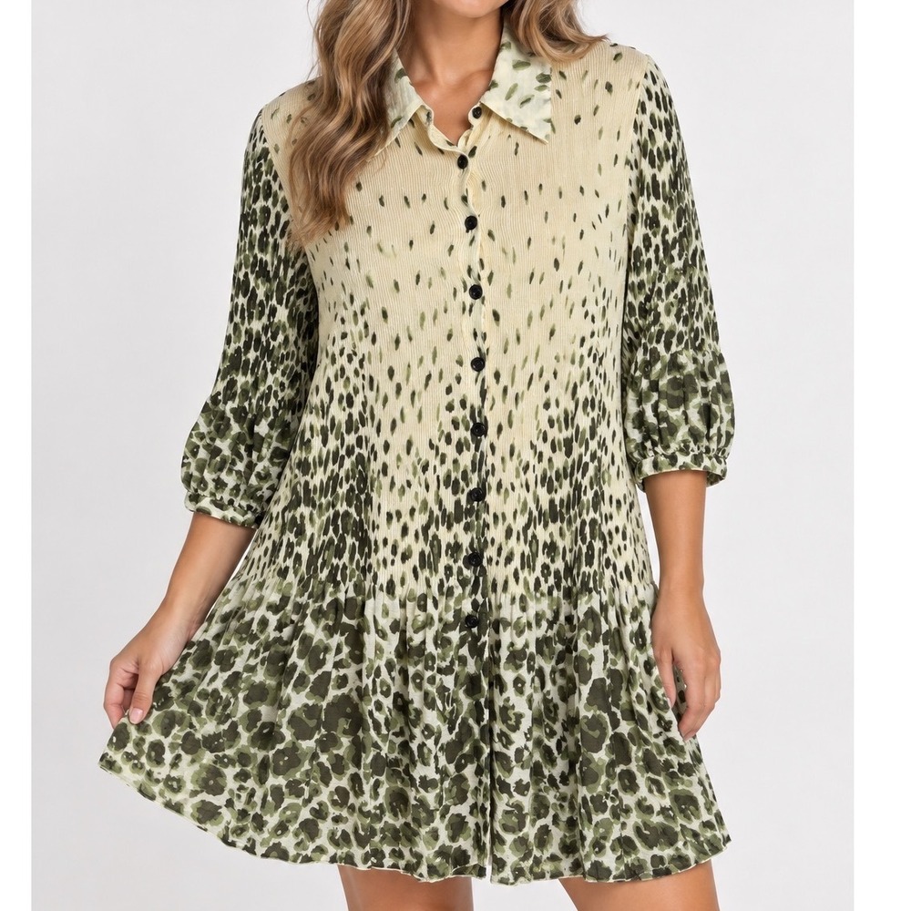 Lindi Small Olive Animal Print Crinkle Shirt Dress Tunic Button Front Artsy